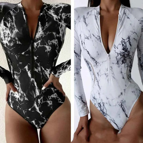 Surf Luxe – Long Sleeve Zipper Swimsuit | UV Protection One-Piece | Marble Black & Ocean White