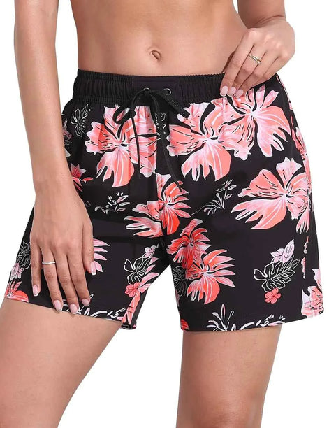 Nonwe Womens Swim Shorts Quick Dry Classic Breathable Beach Surf Shorts Swimsuit Black&Orange L