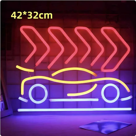 Red neon LED light shaped like a stylized car profile