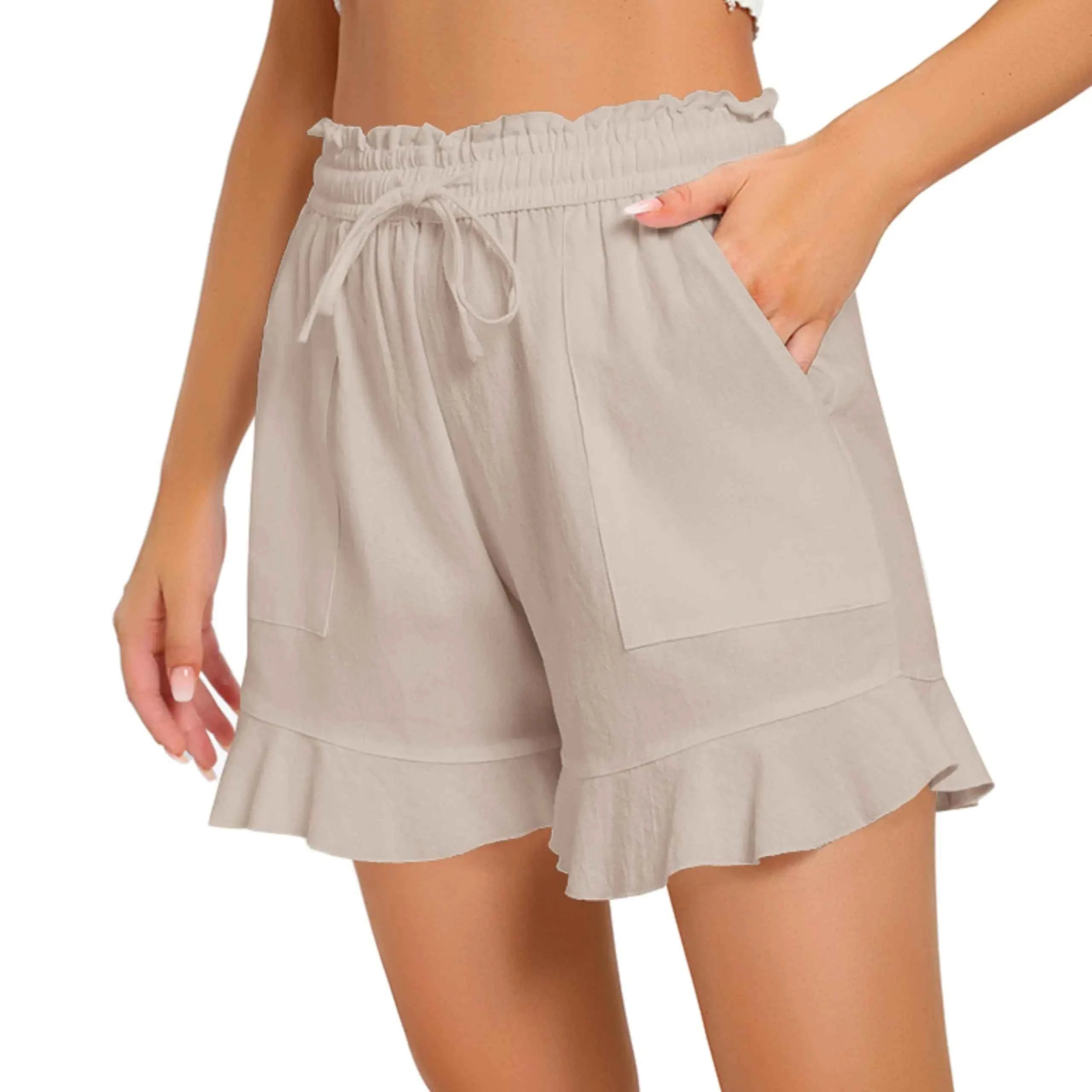 CNJXJCD Womens Casual Linen Shorts Wide Leg High Waisted Ruffle Draswtring Summer Beach Flowy Shorts with Pockets Beige