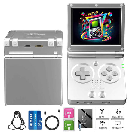 RG35XXSP flip Handheld Game Console Rg35XXSP Clamshell Retro Game Console with 64G TF Card Upgrade 64-bit System Portable Gaming Console 3300mAh Battery Supports 5G WiFi Bluetooth HDTV Output Silver