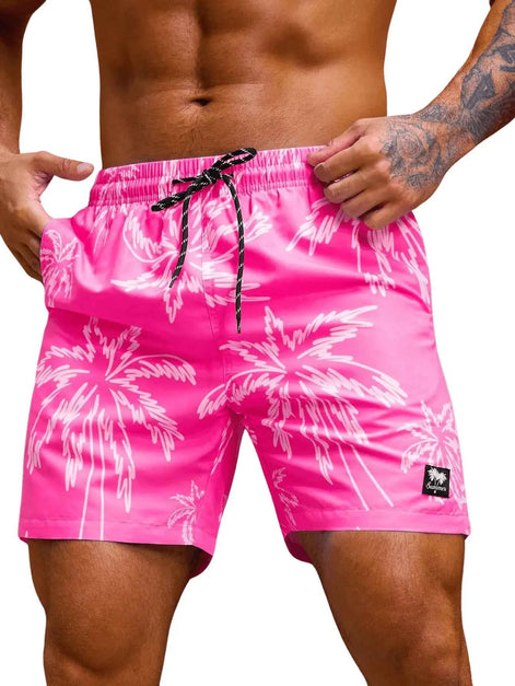Verdusa Mens Drawstring Waist Swimwear Beach Shorts Swim Trunks with Pockets Hot Pink Medium
