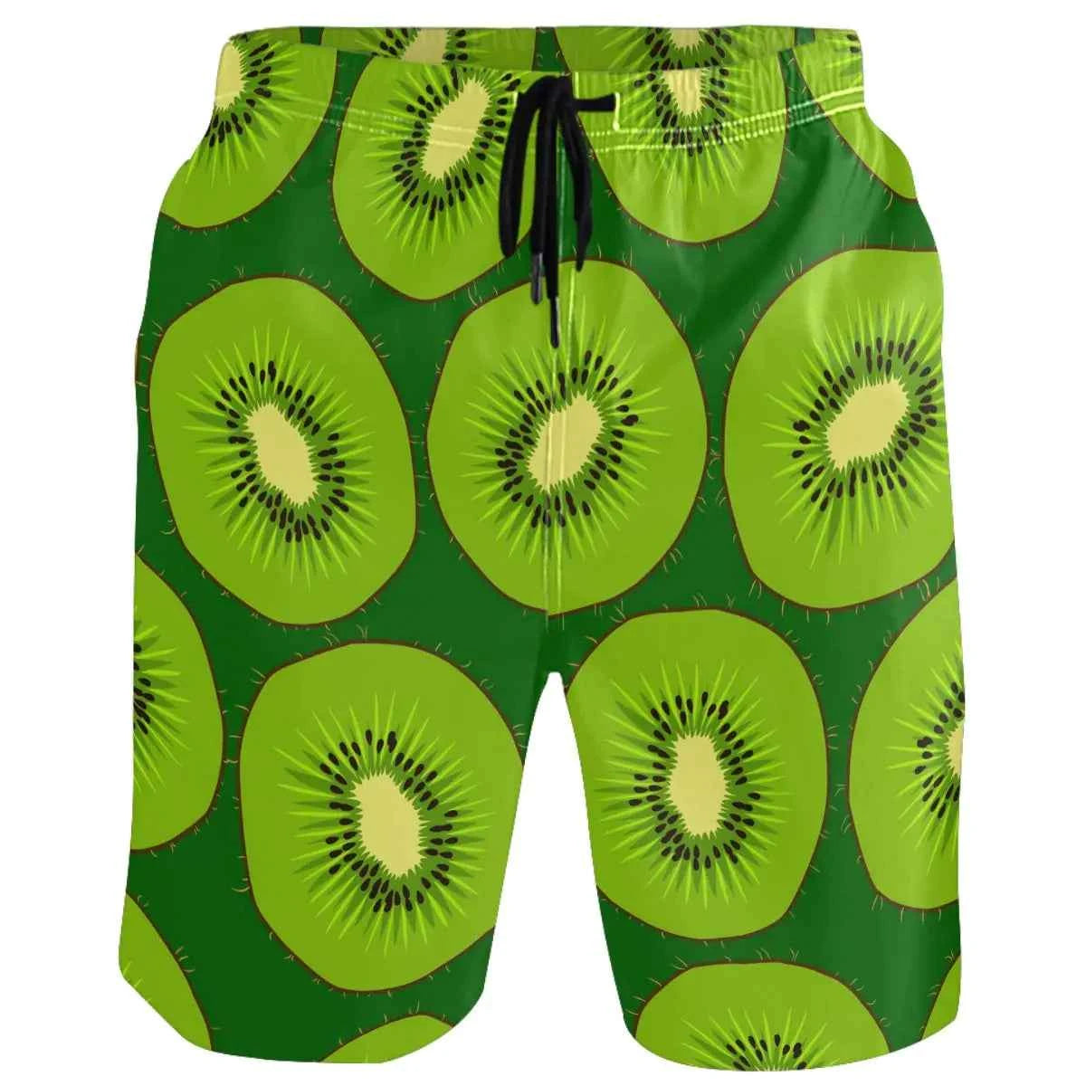 visesunny Summer Green Kiwi Fruit Print Mens Swimtrunks Quick Dry Casual Hawaiian Mesh Lining Beach Board Shorts