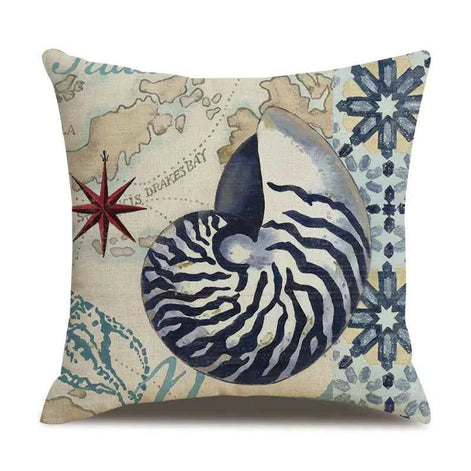 Ocean Theme Cotton Linen Cushion Cover – Coastal Starfish, Shell, Jellyfish, Octopus, Snail & Conch (18×18 in, Cover Only)