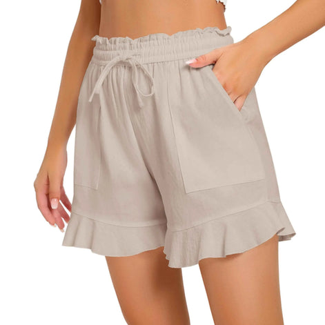 CNJXJCD Womens Casual Linen Shorts Wide Leg High Waisted Ruffle Draswtring Summer Beach Flowy Shorts with Pockets Beige