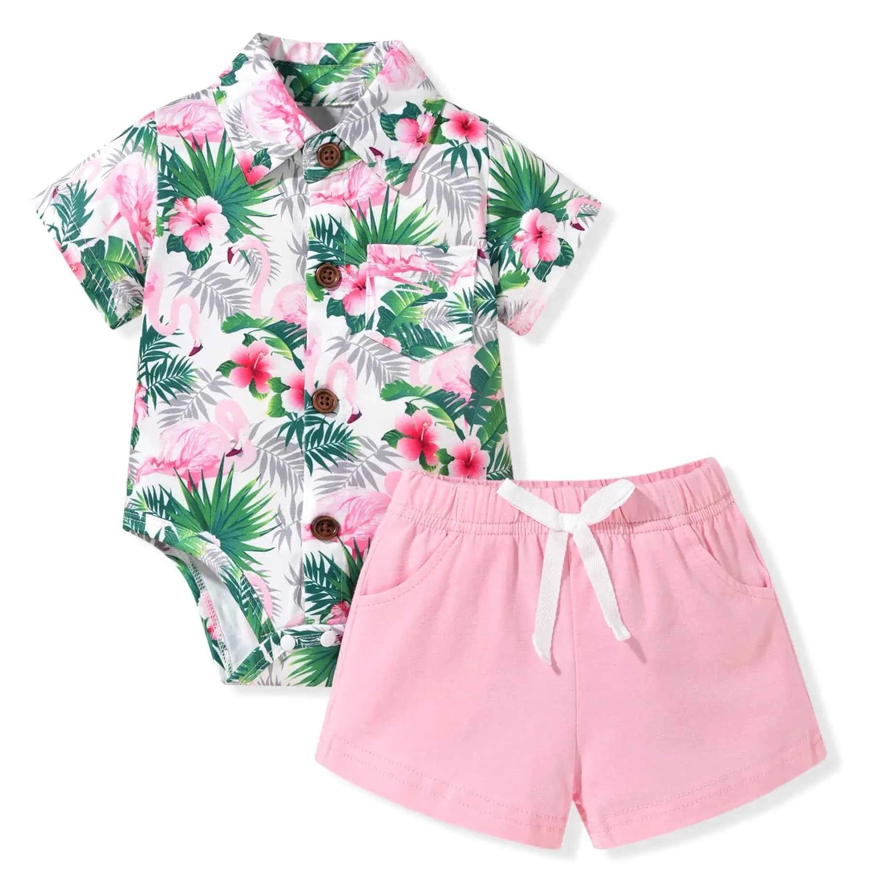 MINIFEIKO 12-18 Months Baby Boy Hawaiian Outfit Beach Infant Shorts Set Clothes for Summer Flamingo