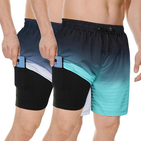 American Trends 2 Pack Mens Swim Trunks 7 Inch Inseam Beach Shorts with Pockets Mens Swimming Trunks with Compression Liner Black Grey Gradient & Black Blue Gradient XL